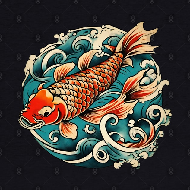 Ocean Waves Vintage Japanese Tattoo Art Koi Fish by Tina